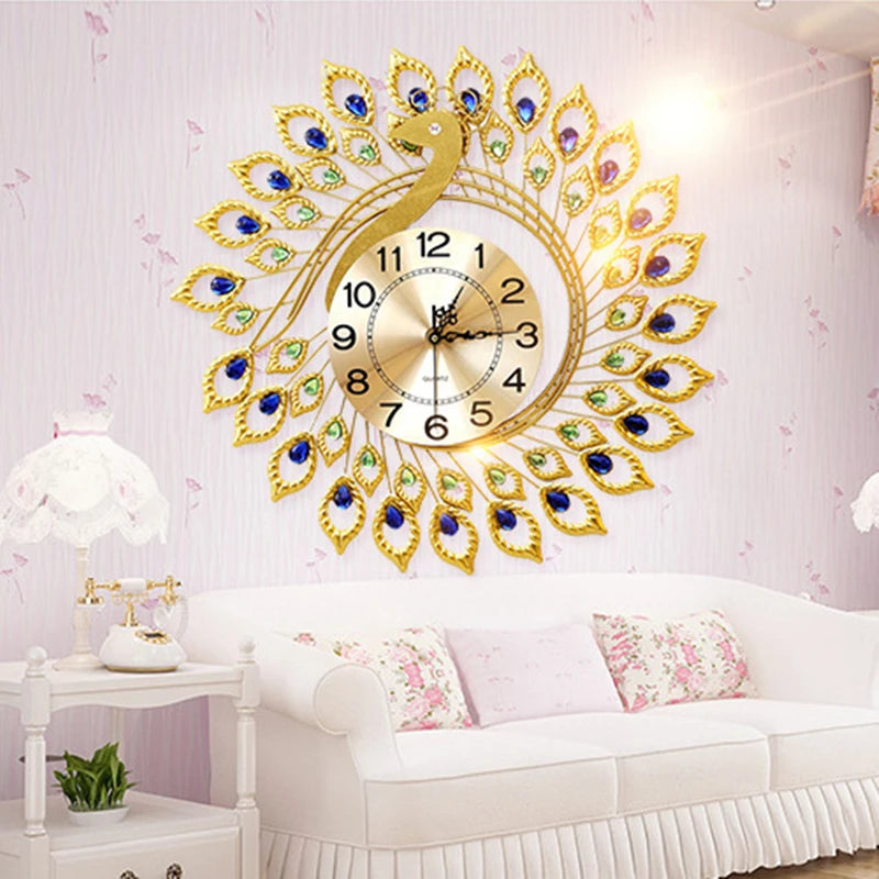 Gold Peacock Wall Clock Creative Design