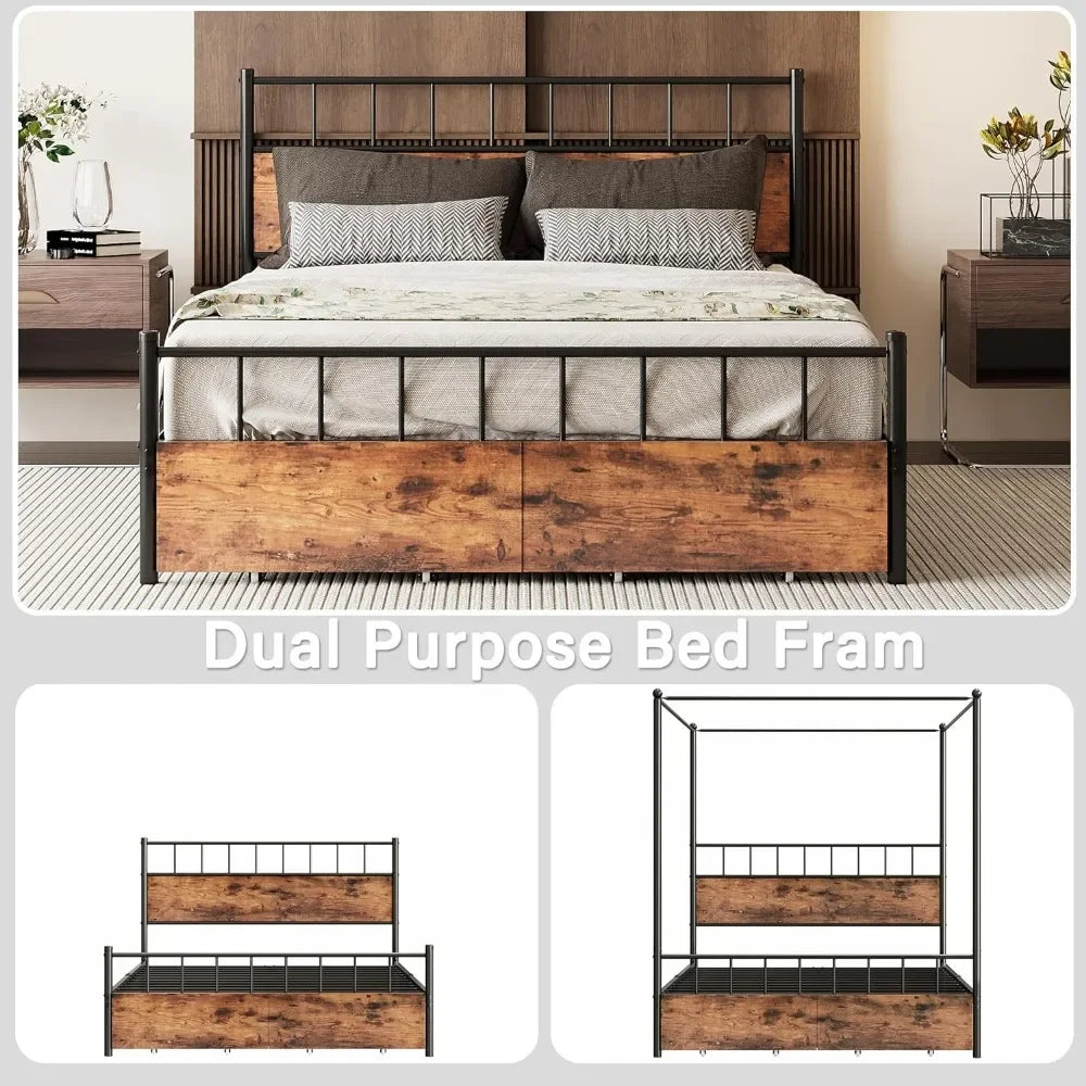 Queen Size Canopy Bed Frame with Wooden Headboard