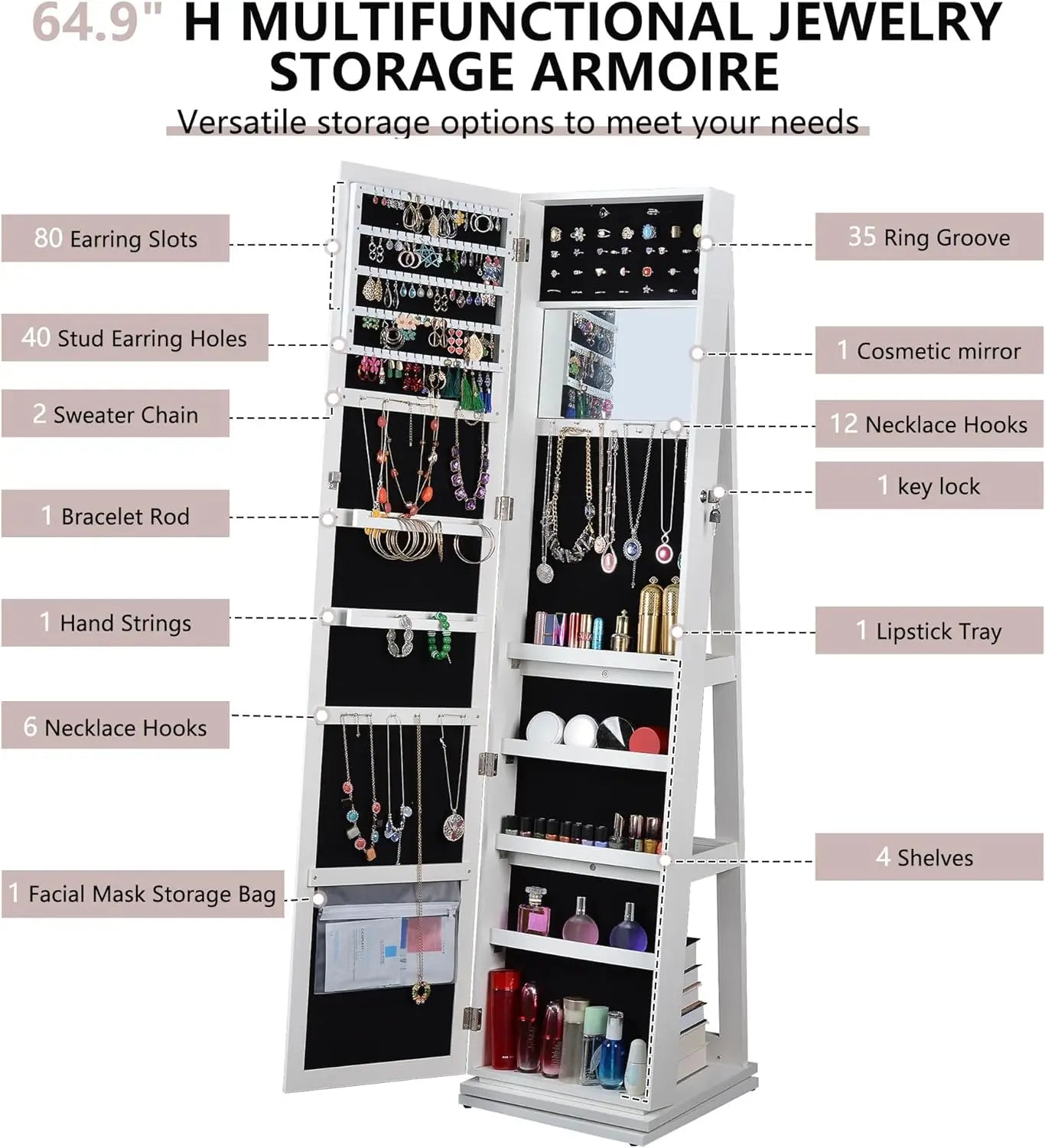 Lockable Standing Jewelry Cabinet Organizer