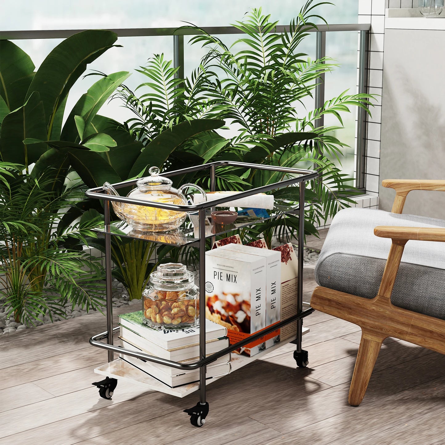 2-Tier Luxury Modern Serving Cart on Lockable Wheels