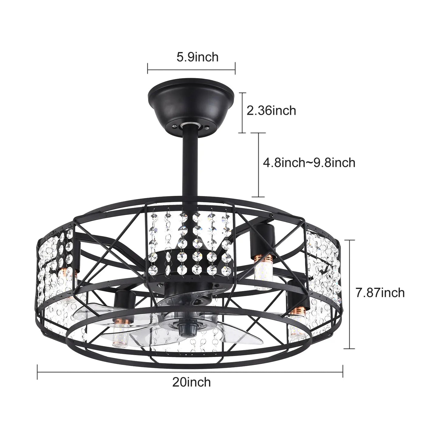 Black Iron Cage and Crystal Modern Ceiling Fan