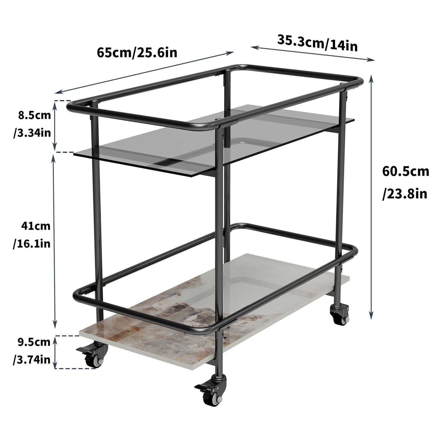 2-Tier Luxury Modern Serving Cart on Lockable Wheels