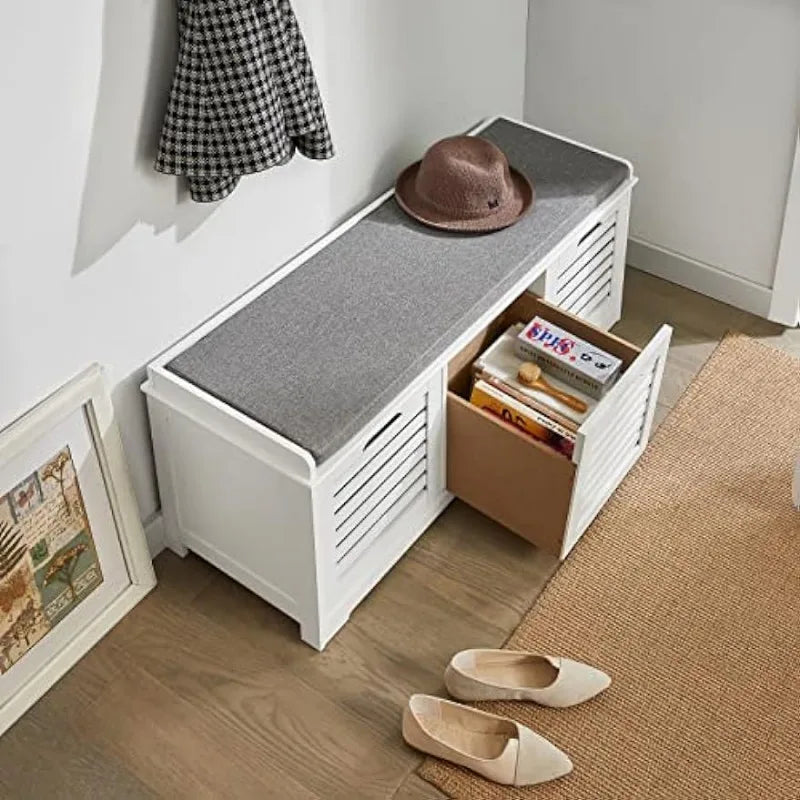 White Storage Bench with 3 Drawers & Padded Seat Cushion