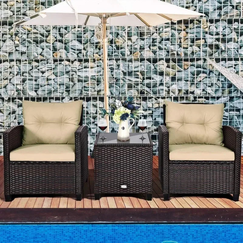 3 Pcs Outdoor Sofa Set w/Washable Cushion and Tempered Glass Tabletop