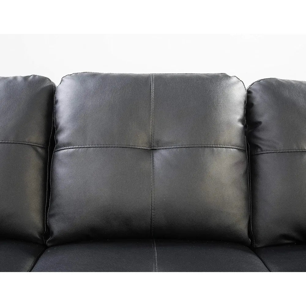 L-Shape 6 Seat Living Room Sofa, Faux Leather Upholstered, with Removable Ottoman, Black Sofa Bed ,  Muebles De La Sala