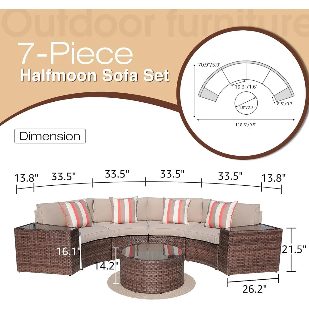 7-Piece Wicker Half-Moon Sectional Sofa Set with Round Coffee Table