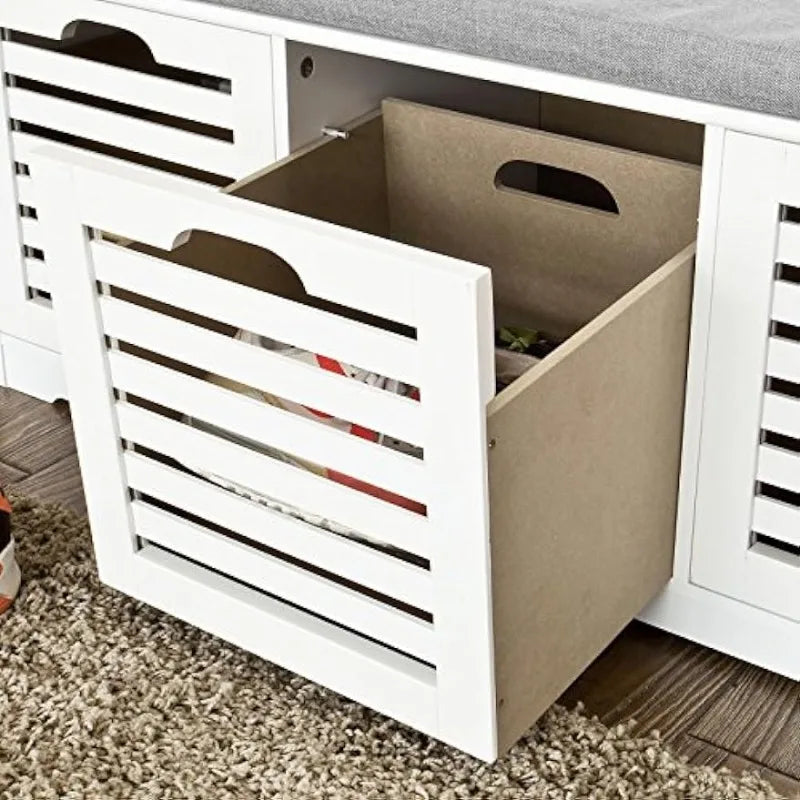 White Storage Bench with 3 Drawers & Padded Seat Cushion