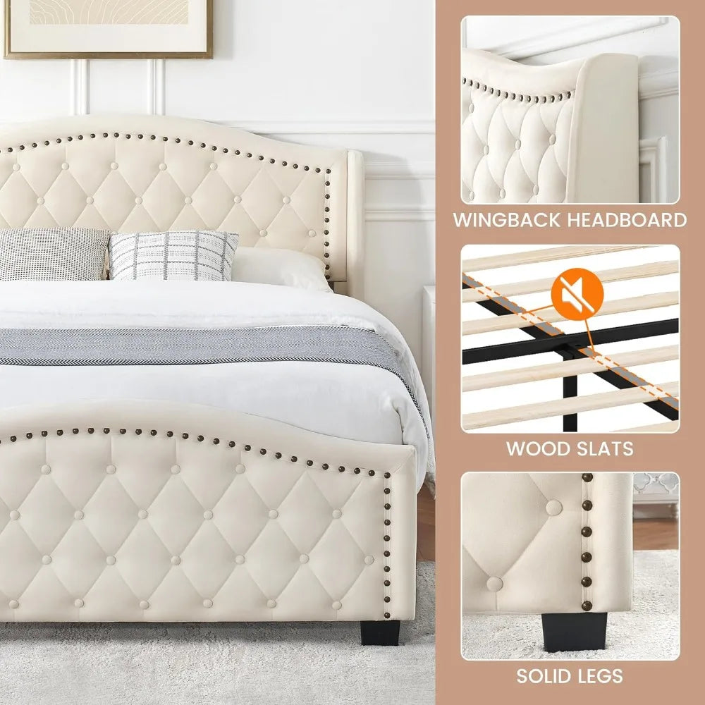 Queen Size Upholstered Platform Bed Frame with Tall Headboard
