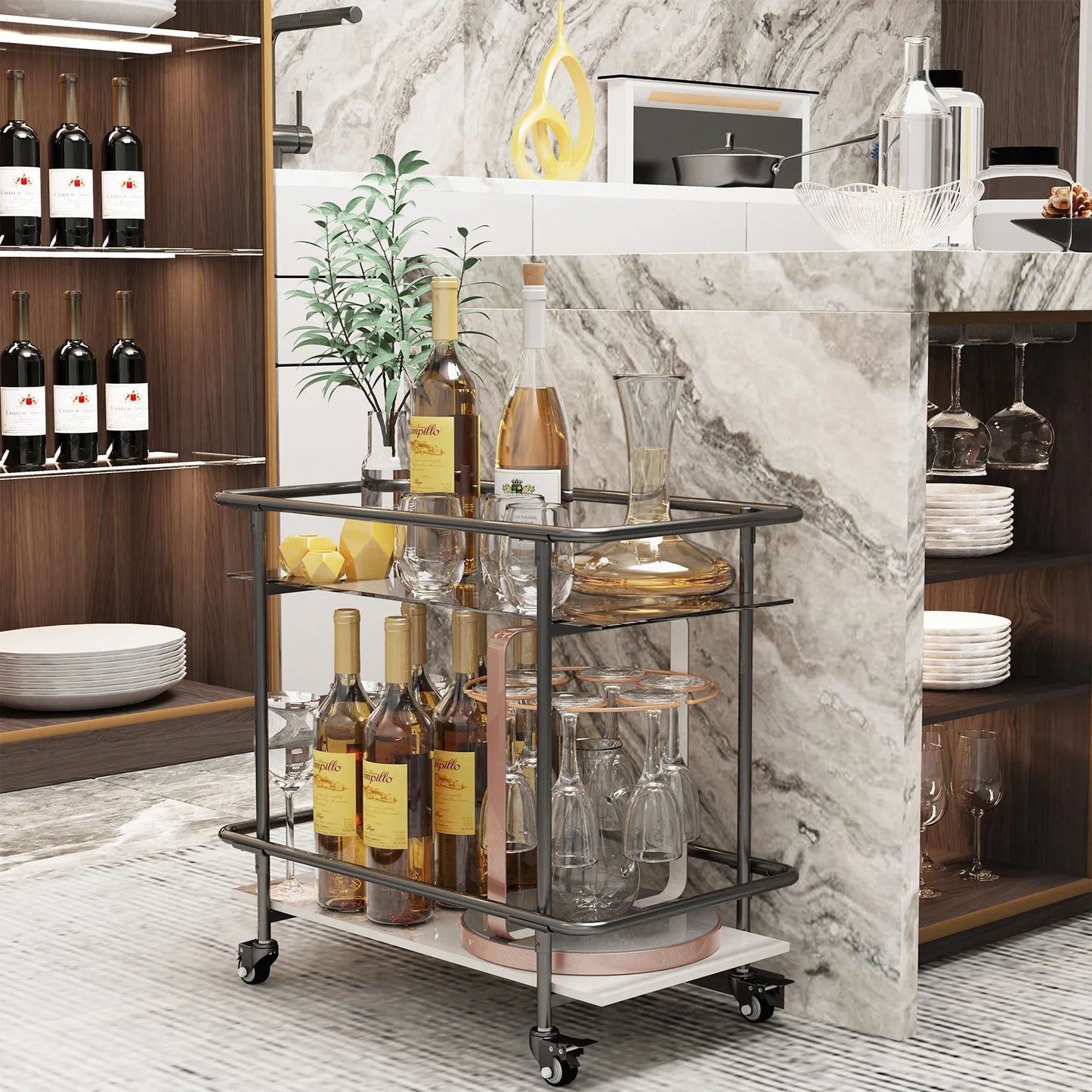 2-Tier Luxury Modern Serving Cart on Lockable Wheels