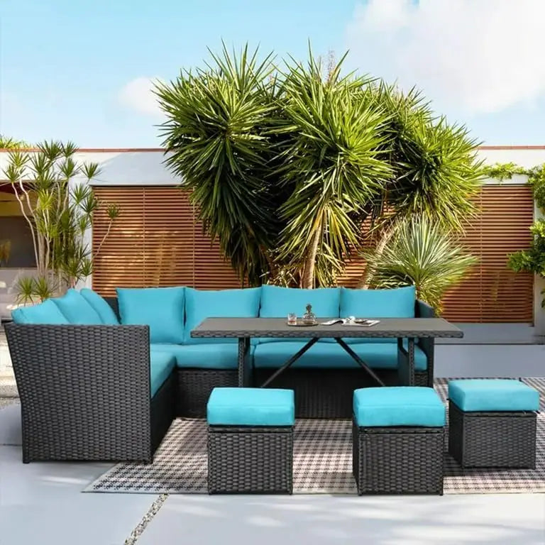 7 Pieces Outdoor All Weather Wicker Conversation Set with Ottoman