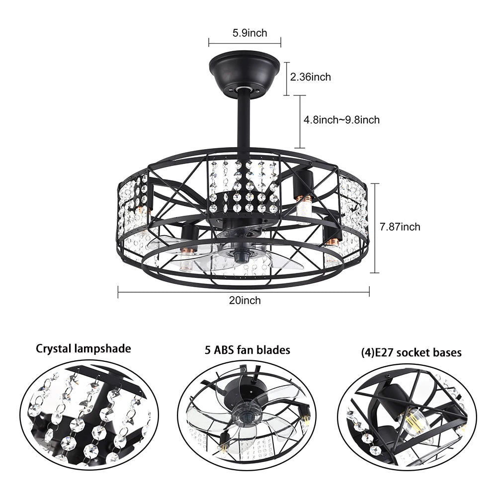 Black Iron Cage and Crystal Modern Ceiling Fan