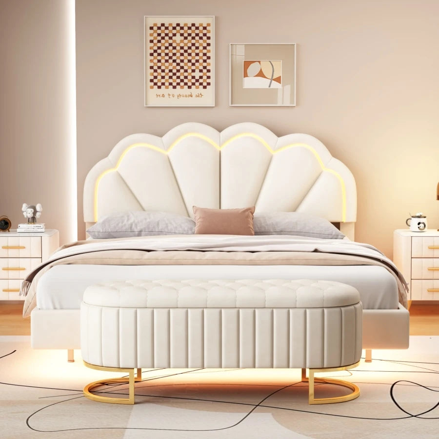 2-Pieces- LED Platform Bed with Storage Ottoman