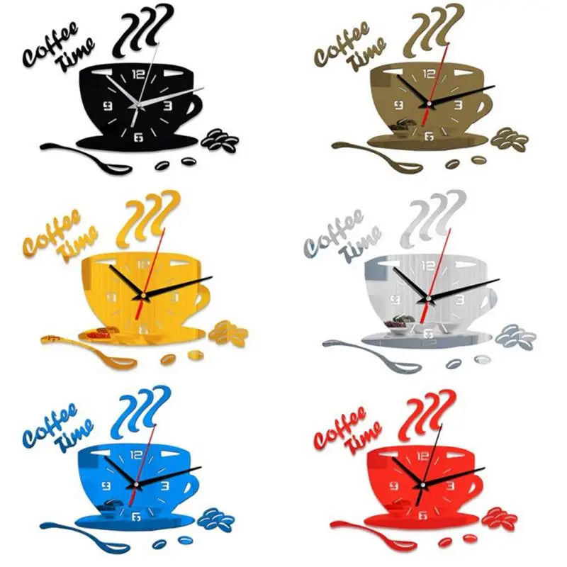 3D Mirror Coffee Cup Shaped Wall Clocks Modern Design Creative Wall Clock Sticker For DIY Kitchen Living Room Home Decorations