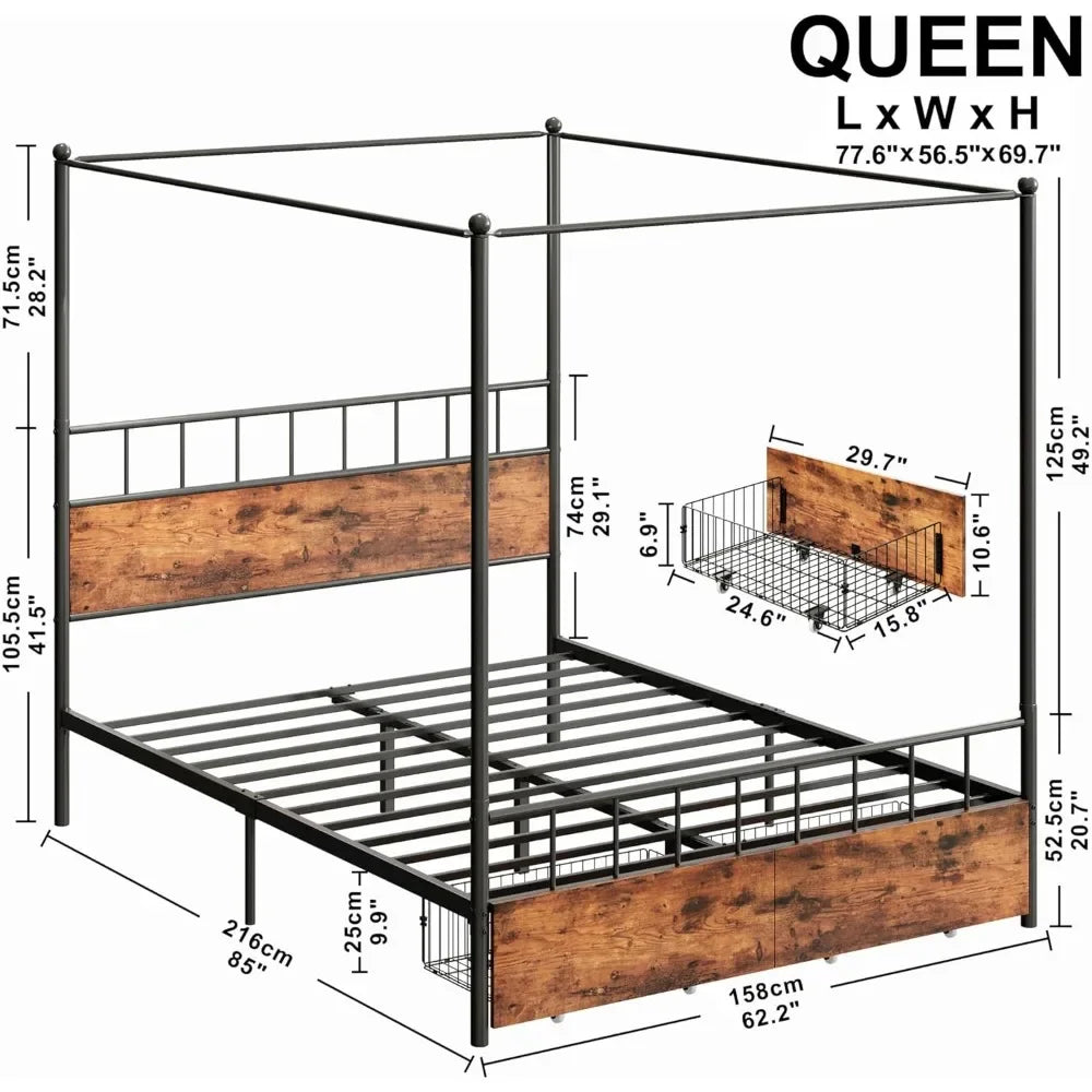 Queen Size Canopy Bed Frame with Wooden Headboard