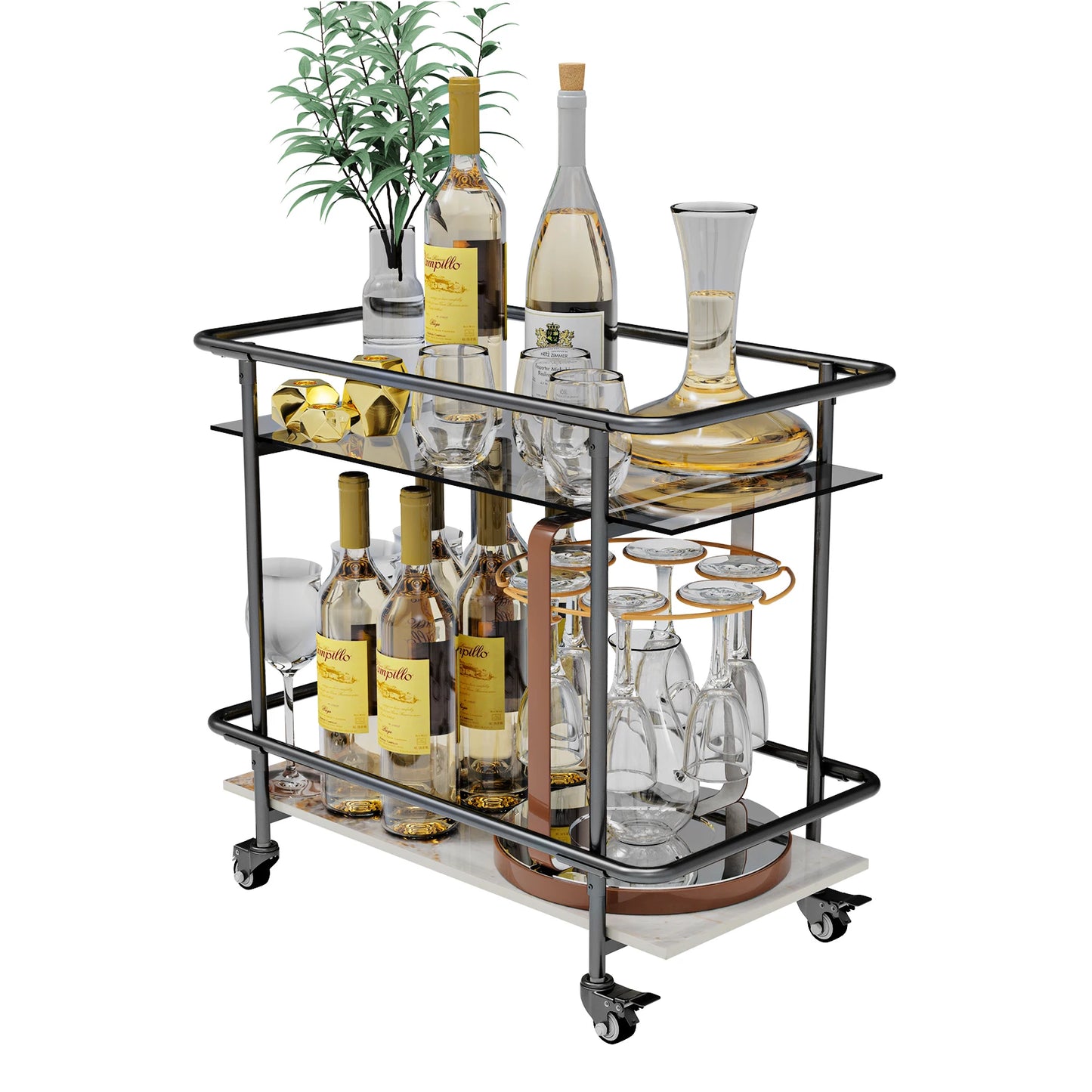 2-Tier Luxury Modern Serving Cart on Lockable Wheels