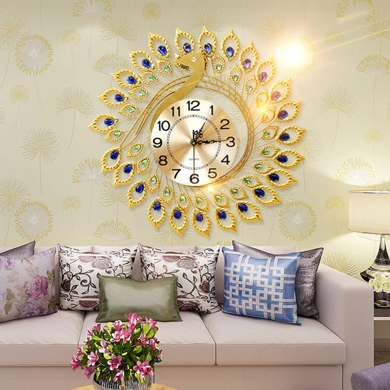 Gold Peacock Wall Clock Creative Design