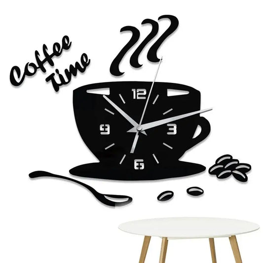 3D Mirror Coffee Cup Shaped Wall Clocks Modern Design Creative Wall Clock Sticker For DIY Kitchen Living Room Home Decorations