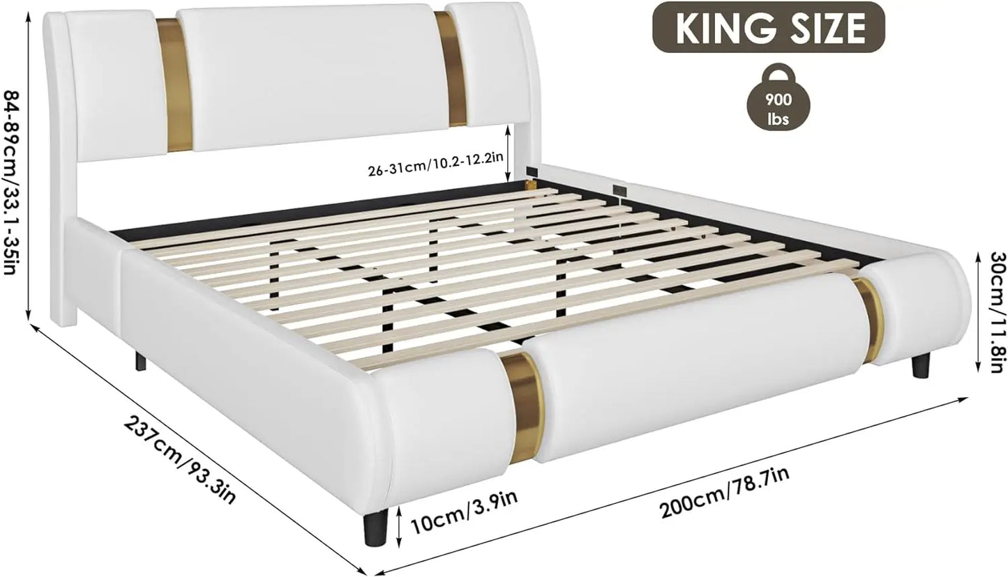 Faux Leather Platform bed frame with Gold Trim