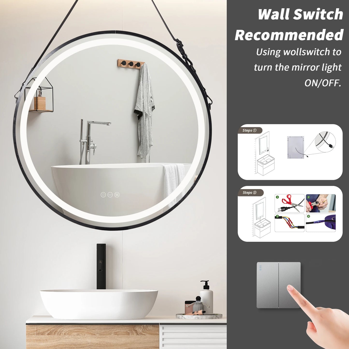 Frame Round Lighted Vanity Mirror with Anti-Fog & Dimmable Touch Switch