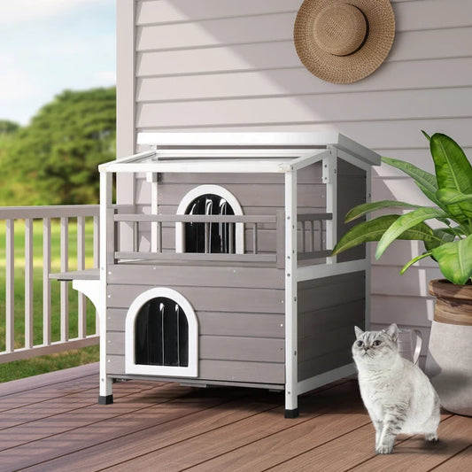 Wooden Cat house 2-Story Indoor Outdoor Luxurious Cat Shelter House with Transparent Canopy