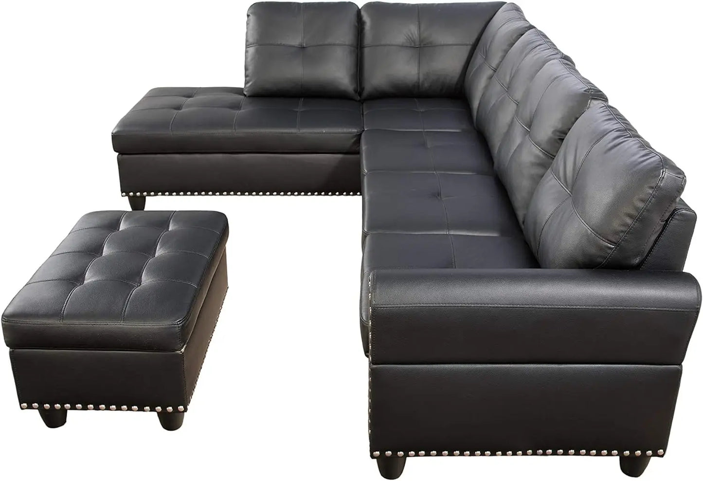 L-Shape 6 Seat Living Room Sofa, Faux Leather Upholstered, with Removable Ottoman, Black Sofa Bed ,  Muebles De La Sala