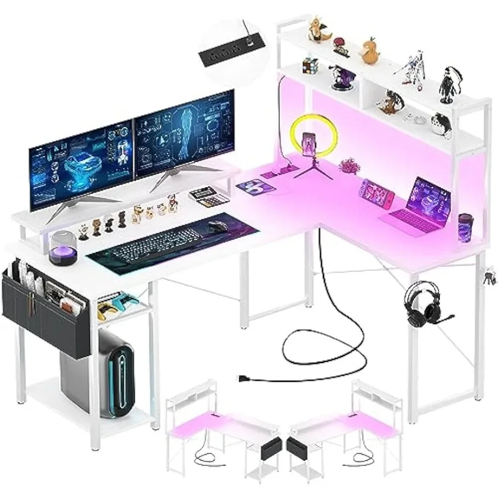 L Shaped Desk with Charging Port & LED Strip