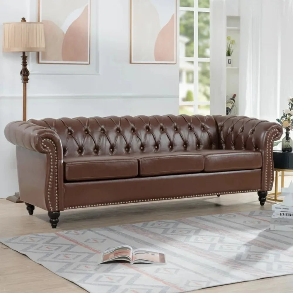 Button Tufted Leather Sofa