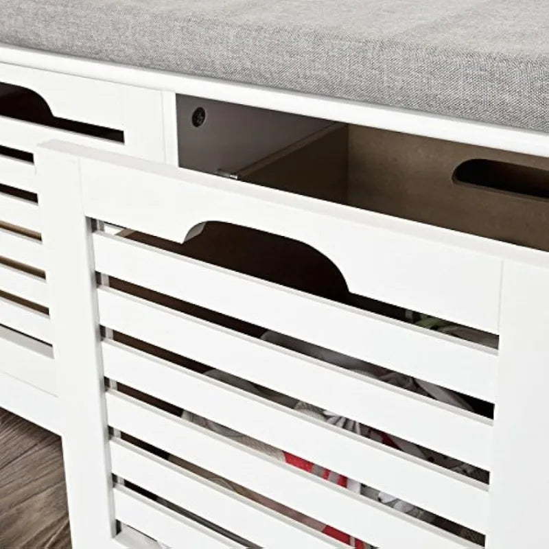 White Storage Bench with 3 Drawers & Padded Seat Cushion