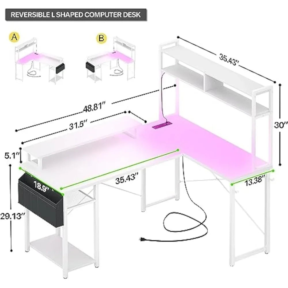 L Shaped Desk with Charging Port & LED Strip