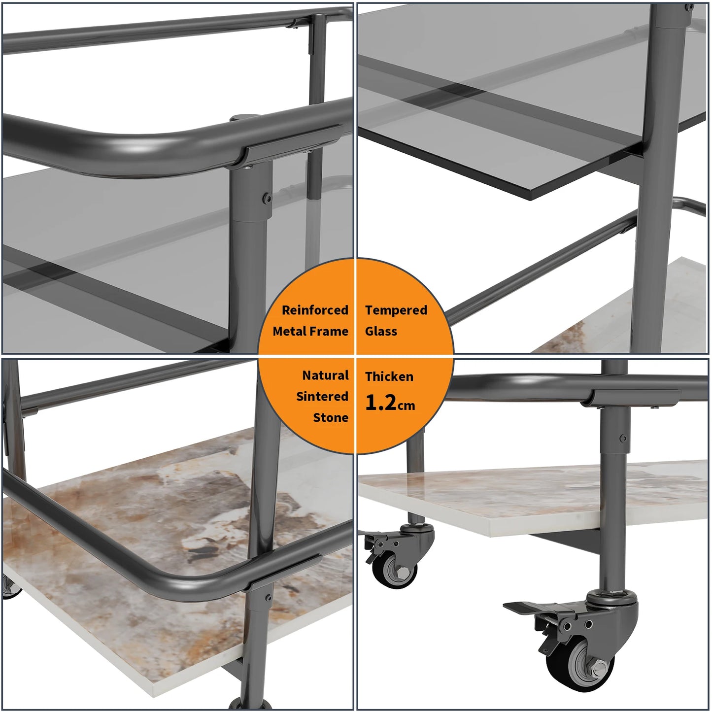 2-Tier Luxury Modern Serving Cart on Lockable Wheels